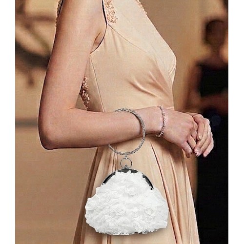 Evening Bags Wholesale - White Chiffon Rosettes w/ Rhinestone Ring Wristlet Evening Bag - BG-100187W